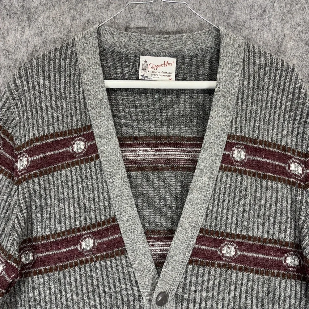 Vintage 1970s Cardigan Sweater Men's Medium Striped Gray Knit Mod Grandpa